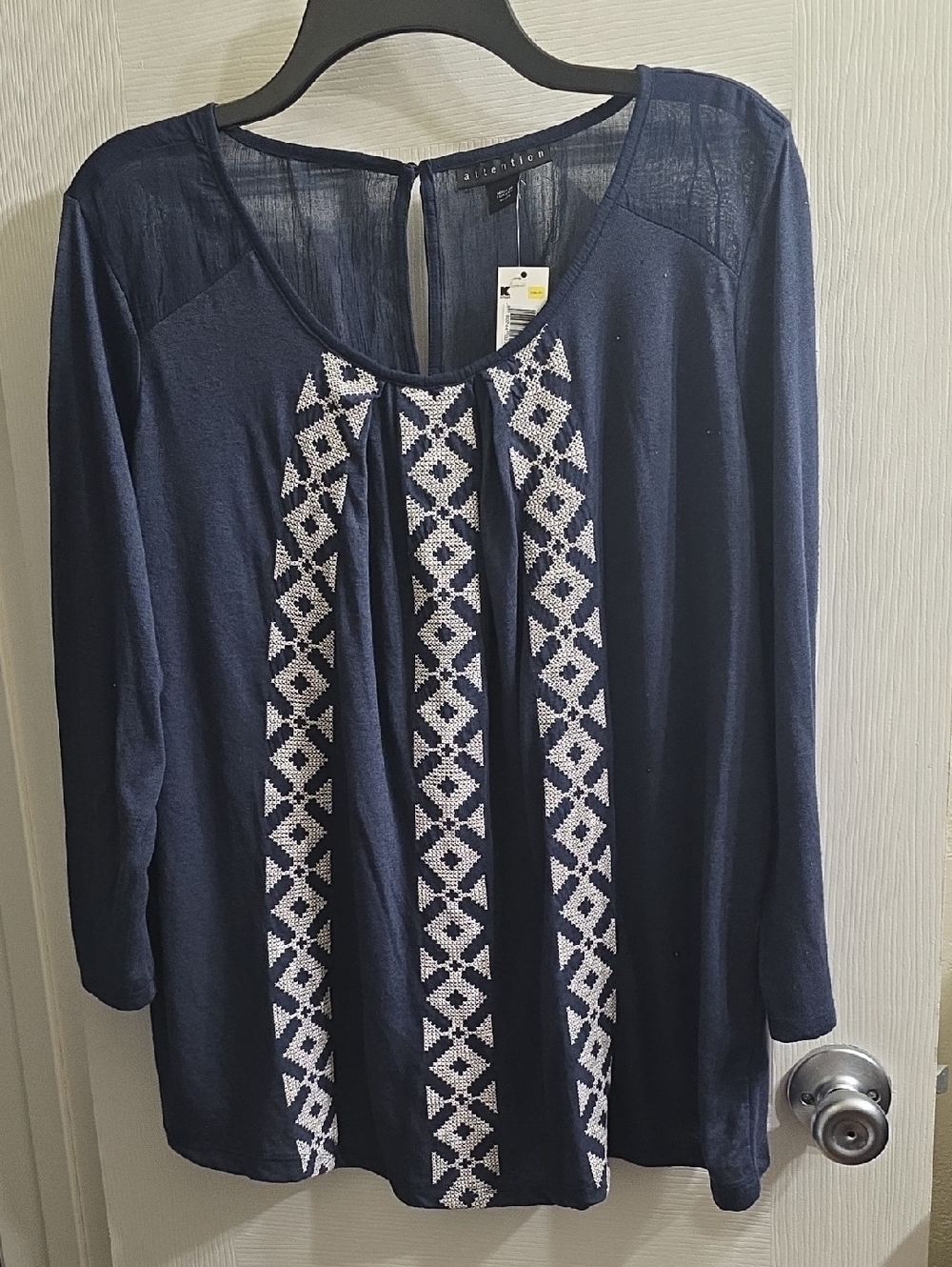 attention Navy Top with White Geometric Embroidery Size XL